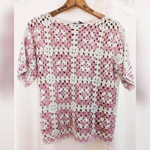 NEW Pink Beige Granny Square Crochet Top L & 3X Short Sleeve Knit Sweater